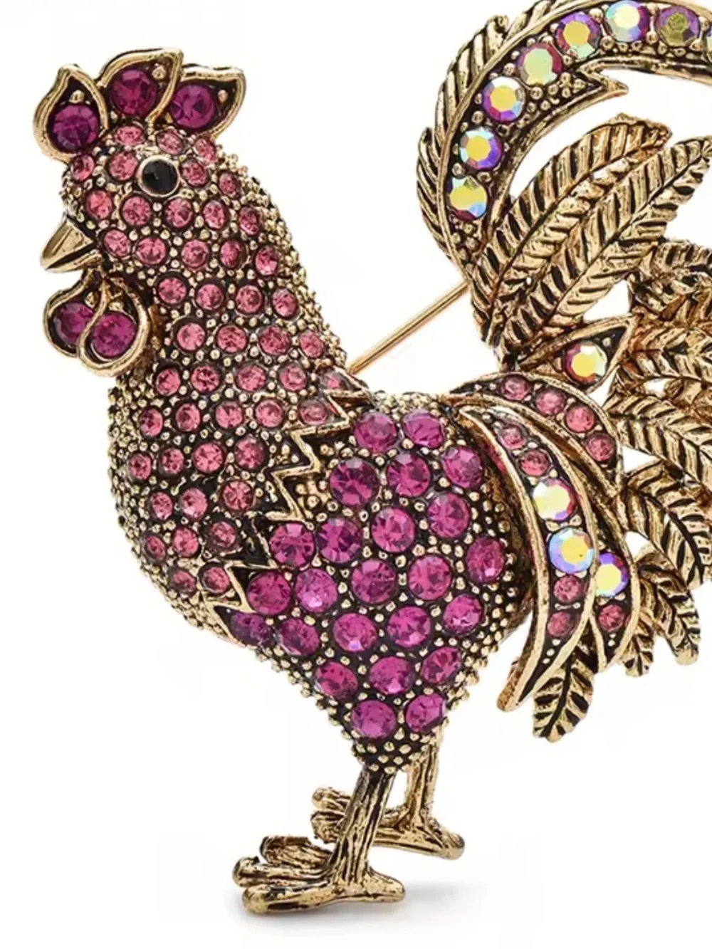 Anthropologie Gold-Tone Rooster Brooch with Hot Pink Crystals